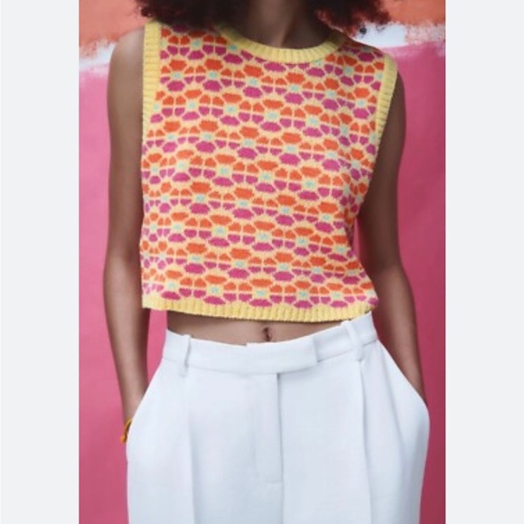 ZARA Retro FLORAL CROPPED SWEATER Vest sz medium M - Picture 3 of 9